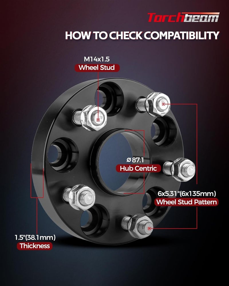 Torchbeam Wheel Spacers Compatible with F 150 2015-2022 Navigator 2015-2022 Mark LT 2006-2007 Expedition 2015-2022, 1.5“ Wheel Spacers 6x135mm, M14x1.5 Thread Pitch 87.1mm Hub/Center Bore,4pcs - Image 2
